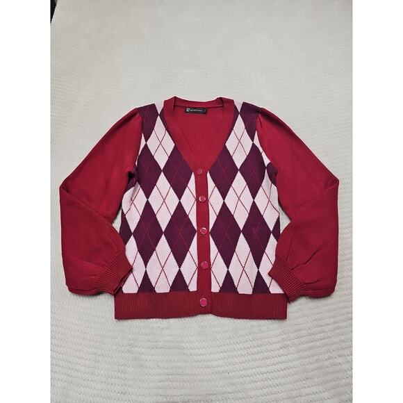 New York & Company Sweaters - New York & Company Sweater Womens Medium Argyle Cardigan Balloon Sleeve Vneck